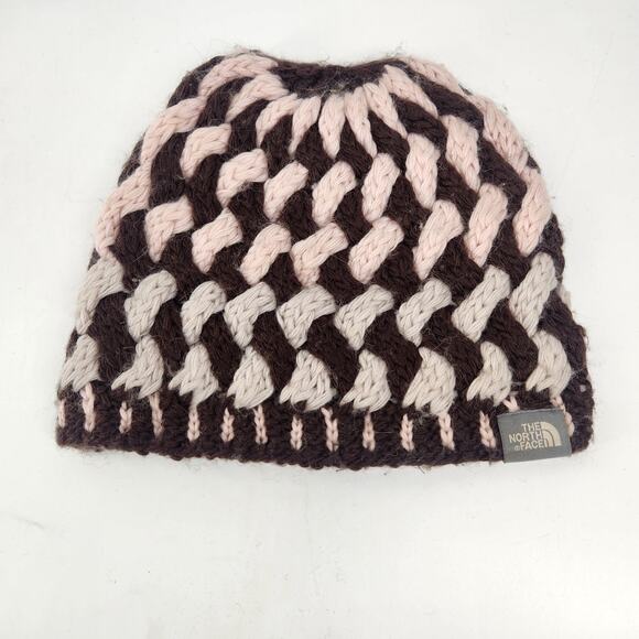 The North Face Alpaca Wool Chunky Knit Beanie Hat Women Brown Pink Hand Knit - Picture 4 of 6